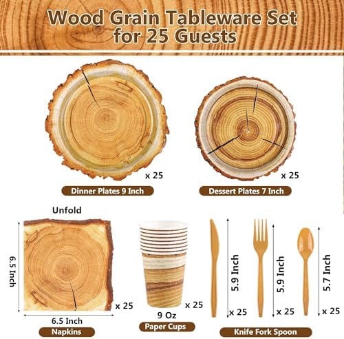 Kochorie 175 Pieces Rustic Wood Slice Party Supplies Camping Wood Grain Slice Tableware Set 7 Inch and 9 Inch Paper Plates Napkins Cups Cutlery for Hunting Birthday Party Decorations, Serve 25 Guests - Image 2