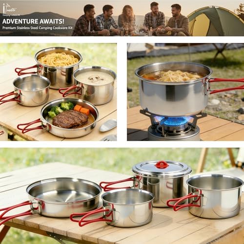 Foldable 18/8 Stainless Steel Camping Cookware 11pcs for 4-8 People - Image 3