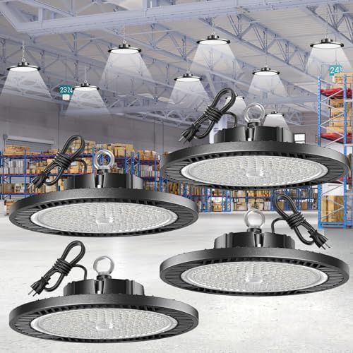 Led High Bay Lights 200W - 28000lm 5000K Super Bright Waterproof Led Shop Lights with Plug 5' Cable and Hook Ring, Garage Light for Factory Gym Warehouse Workshop（4 Pack） by Illuminatinglifewiththewarmthandloveoflight