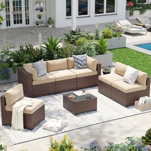 Aoxun Patio Furniture Sets, 7-Piece Outdoor Patio Furniture with Thick Cushions, Wicker Outdoor Conversation Set Sectional Sofa for Backyard, Poolside, Garden(Cream-Browm, 7 x 25.6 - Seats) by Aoxun