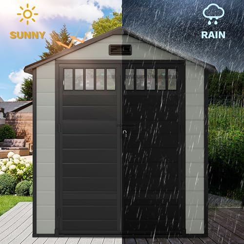 DWVO 6x4.4 FT Resin Storage Shed with Fence-Style and Side Windows, Lockable Door, and Vents for Garden, Backyard, Patio, Lawn, Blue-Gray - Image 6