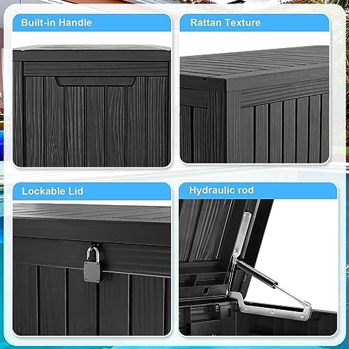 200 Gallon Waterproof Resin Outdoor Storage Box with Hydraulic Gas Strut & Metal Support Rod, Soft Close Lockable Deck Storage Container for Patio Furniture, Garden & Pool Supplies, Black - Image 6
