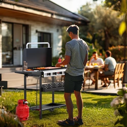 ROVSUN 4 Burner Portable Propane Griddle with Enameled Tray & Lid, 40000 BTU Rolling Flat Top Gas Grill with Electronic Ignition, Side Shelves & Regulator for Outdoor Cooking Camping BBQ Tailgating - Image 7
