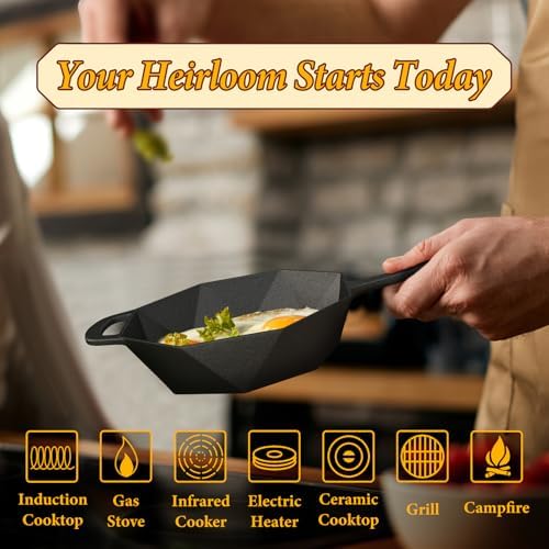 Cast Iron Skillet with Lid,Pre-seasone Mini Cast Iron Smoker Skillets & Egg Pan with Assist Handle, 6.5 Inch Octagonal Design Frying Pan for Searing, Baking, Grilling, Roasting (Skillet-1) - Image 2