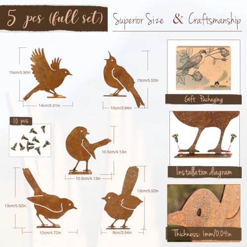 OULYDEKO 5PCS Rusty Birds Decoration,Outdoor Bird Wall Decor,Metal Birds Yard Decor, Metal Birds Craft Statue Ornaments - Garden Sculptures and Yard Art, Fence Decorations Outdoor,Rustic Garden Decor - Image 6