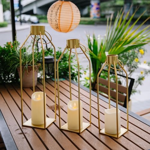 HPC DECOR Modern Farmhouse Lantern Decor- 22''19''16''Tall Large Gold Metal Candle Lanterns for Home Decor-Lanterns Decorative w/Timer Flickering Candles for Living Room,Outdoor,Fireplace Mantle Decor - Image 4
