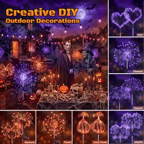 btfarm 2 Pack Solar Halloween Lights Outdoor, Orange+Purple Firework Light - Image 3