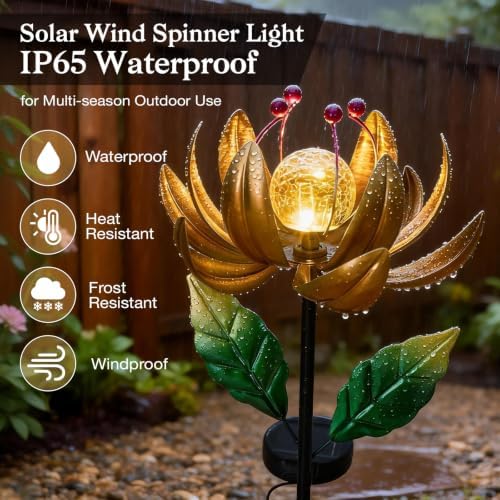 Garden Decor for Outside Solar Wind Spinners for Yard-Metal Lotus Flower Windmills LED Crackle Glass Globe Outdoor Garden Decor Yard Art Lawn Ornament - Image 5