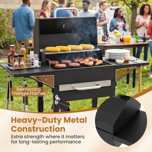 HAPPYGRILL Charcoal Grill with 2 Side Tables,Thermometer & 2 Wheels - Image 3