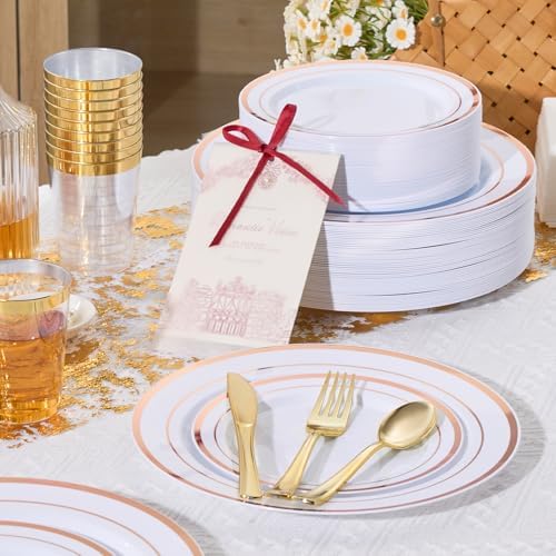 Fijinhom 175 Pcs Rose Gold Plastic Plates for 25 Guests, Disposable Plates - Image 6