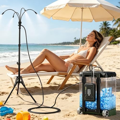 Misters for Outside Patio, Standing Portable Misting Cooling System with Adjustable Height(up to 47in), with 10000mAh Water Pump, 15L Bucket, 8 Nozzles, for Outdoor Patio Cooling Pool BBQ by Veubew