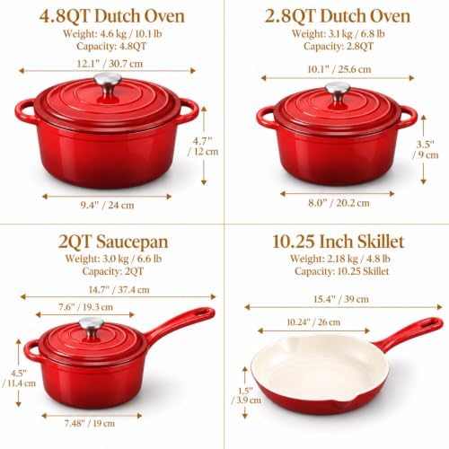 QuliMetal Enameled Cast Iron Cookware Set, 4-Piece Pots and Pans Set with Lids, 10.25" Skillet, 2QT Saucepan, 2.8QT & 4.8QT Dutch Ovens, Oven Safe to 500°F, All Stovetops Compatible - Rouge Red - Image 2