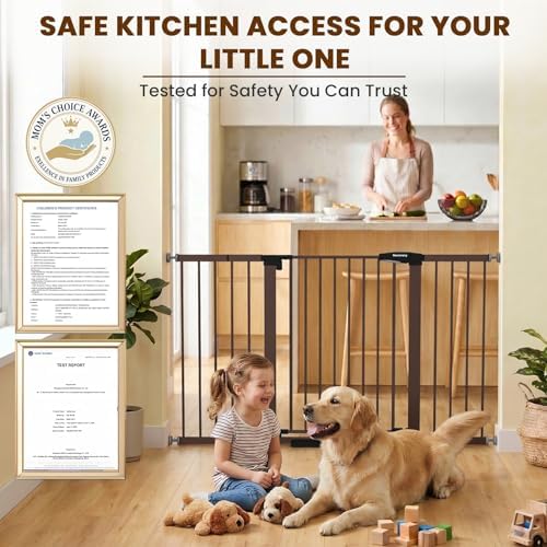 Mumeasy 29.7-57" Extra Wide Baby Gate, Auto Close Large Dog Gate for Doorways, No Drilling Pressure Mounted Pet Safety Gate for Stairs, Easy Walk Through Child Gate for Hallways, House, Indoor, Brown - Image 6