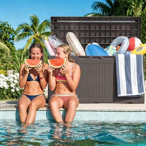 Greesum 100 Gallon Resin Deck Box Outdoor Storage with Cushion, Dark Brown - Image 5