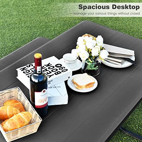 ORALNER Picnic Table, Resin Dining Table & 2 Benches Set, Weather Resistant Wood Grain Tabletop & Steel Frame, Plastic Picnic Tables for Outdoors, Porch Yard Patio Lawn Party Camping (Black) - Image 7