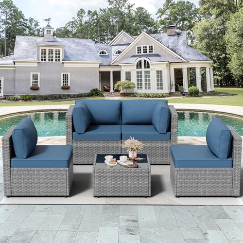 Vongrasig 5 Pieces Patio Furniture Set with Cushion, Glass Table, Navy Blue - Image 4