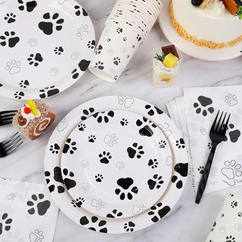 Kochorie 144 Pieces Black Paw Print Party Tableware Sets Including Disposable Plates Napkins Cups Forks Serves 24 for Dog Puppy Theme Party Supplies - Image 4