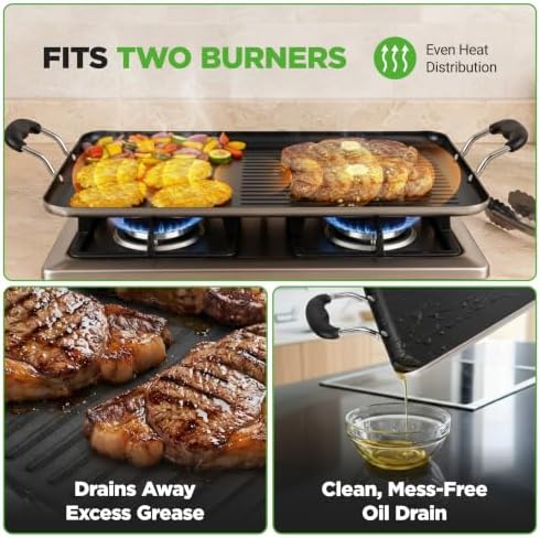 NutriChef 24" Stove Top Griddle Pan, Nonstick Double Burner Grill & Griddle Combo, Ridged & Flat Surfaces, Suitable for Frying & Searing, Cool-Touch Handles, Easy to Clean, Black - Image 6