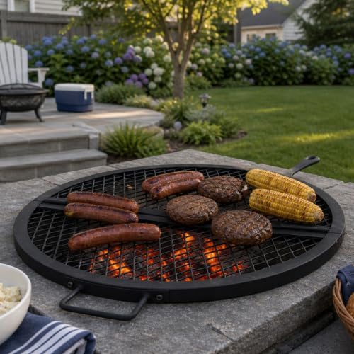 Sunnydaze Round Folding Camping Grill Grate - Portable Foldable Campfire Cooking Grate for Fire Pit - Heavy-Duty Black Steel with Handles for Outdoor Backyard BBQ - 38" Diameter - Image 7