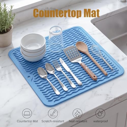 MicoYang Silicone Dish Drying Mat for Multiple Usage,Easy clean,Eco-friendly,Heat-resistant Silicone Mat for Kitchen Counter or Sink,Refrigerator or Drawer liner Light Blue M 12 inches x 12 inches - Image 3