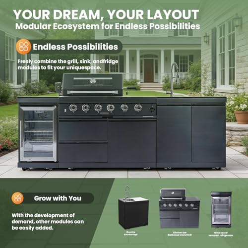 98" Rolling Outdoor Kitchen Island with Built-In 4 Burners 72,000 BTU Stainless Steel Gas Grill Featuring Rotisserie Oven,Granite Countertops,Beverage Fridge,Sink. (Black + Fridge + Sink, Propane Gas) - Image 3