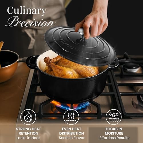 Cast Iron Pot with Lid-Non-Stick Ovenproof Enamelled Casserole Pot, Oven Safe up to 500° F-Sturdy Dutch Oven Cookware - Black, 5-Quart, 24cm-by Nuovva - Image 6