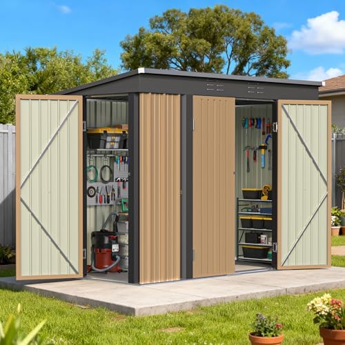 Patiowell 8x4 FT Storage Shed, Metal Tool Sheds with 3 Doors for Garden, Backyard, Patio, Utility, and Bike Storage, Brown by Patiowell