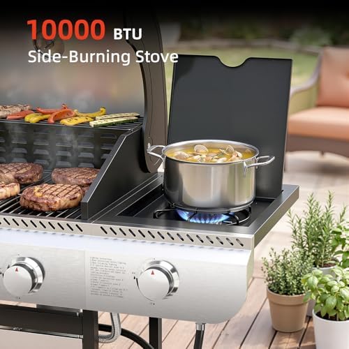 COWSAR 3 Burner Gas Grill, 34,000 BTU Stainless Steel BBQ Grill with Side Burner, Porcelain-Enameled Cast Iron Grates, Pull-Out Grease Tray for Patio, Backyard & Outdoor Cooking - Image 4