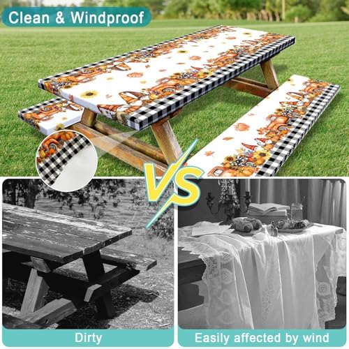 Fall Picnic Table Cover with Bench Covers, Camping Essentials, Buffalo Plaid Thanksgiving Pumpkin Waterproof Windproof, Fitted Tablecloth Cover with Elastic Edge, Indoor & Outdoor, 3 PCS, 30x72 Inch - Image 7