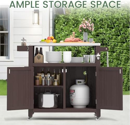 Weatherproof HIPS Outdoor Kitchen Island with Stainless Steel Top & Storage Cabinet, Movable Prep Table with Wheels for BBQ Food Prep, Outdoor Grill Cart for Parties, Brown - Image 6