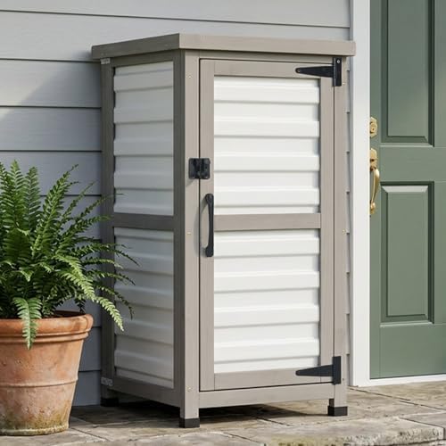 Small Outdoor Storage Cabinet with Waterproof Metal Top, White Wood & Plastic Potting Bench Table with Removable Shelf, Outside Cabinets Work Station for Patio, Balcony,17.9''x17.9''x33.5'' by MAGAZOOPET