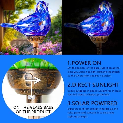 Decorative Solar Lights, Outdoor Solar Bird Stake Lights, Hand Blown Glass Decorative Garden Pathway Lights Outdoor Waterproof Glass Stakes (Dark Blue) - Image 3