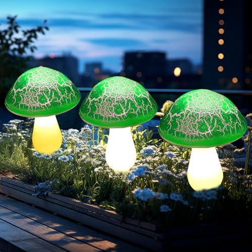 Solar Mushroom Lights Garden Decor 8 Green Crack Mushrooms Outdoor Decor Stake Lights Waterproof Solar Pathway Light Gardening Gifts for St Patrick's Day Easter Gnomes Yard Halloween Xmas Decorations - Image 3