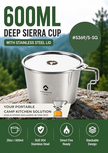 CAMPINGMOON 600ml 20oz Stainless Steel Stackable Camping Mug Lightweight Outdoor Cooking Cup Measuring Scale for Backpacking Hiking Campfire Use Soup Noodles Rice (Silver (cup+lid)) - Image 2