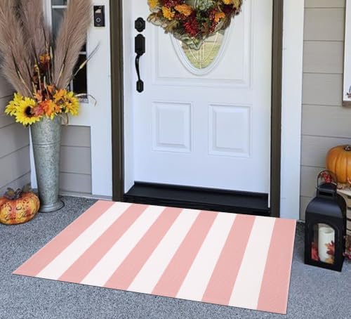 Pink and White Layered Doormat 27.5"x43.3"Washable Striped Outdoor Rug - Image 5