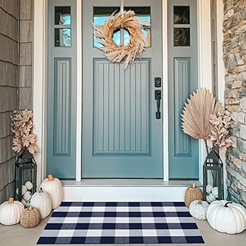 MUBIN Cotton Buffalo Plaid Rug, 27.5x43 Navy Blue White Outdoor Rug Front Door Decorative Mat, Washable Doormat Foldable Area Rug Layered Door Mats Rug for Front Porch, Entryway, Patio - Image 5