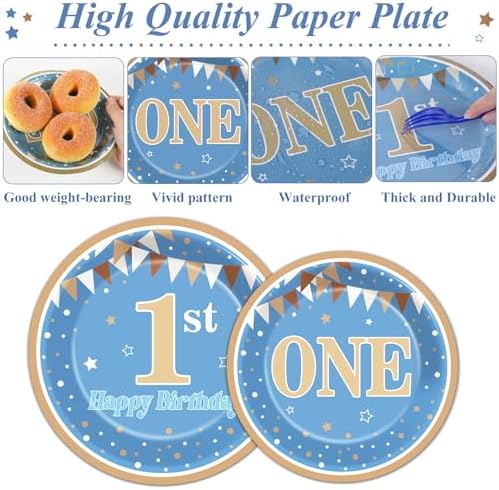 96PCS Baby Boy First Birthday Party Paper Plates and Napkins Blue and Brown 1st Birthday Disposable Plates 1st Blue Dinnerware Set for Boys One Year Old Baby Shower Birthday Gatherings Decorations - Image 3