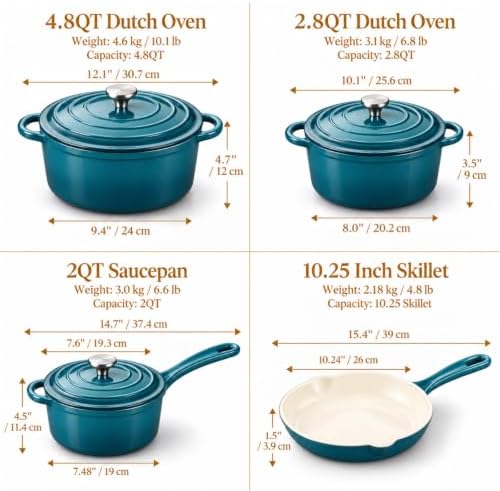 QuliMetal Enameled Cast Iron Cookware Set, 4-Piece Pots and Pans Set with Lids, 10.25" Skillet, 2QT Saucepan, 2.8QT & 4.8QT Dutch Ovens, Oven Safe to 500°F, All Stovetops Compatible - Teal - Image 2