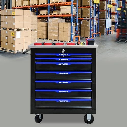 7-Drawer Heavy-Duty Rolling Steel Tool Cart with Handle&Wheels, Metal Storage Organizer Cabinet, Tool Chest for Efficient Tool Storage in Garage, Warehouse, Workshop, Repair Shop, Blue - Image 2