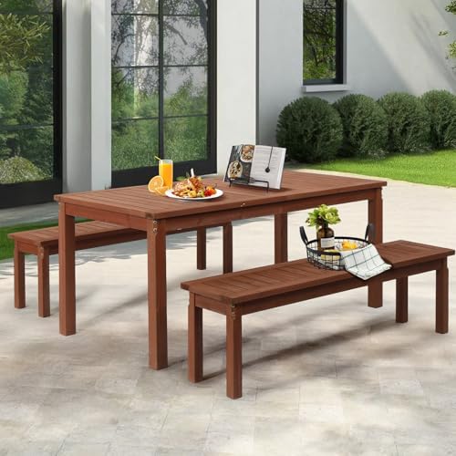 VINGLI 3-Piece Outdoor Dining Set, 69" Rectangular Wood Patio Table with 2 Benches, All-Weather Brown Fir Patio Furniture Set for Garden, Backyard, Lawn, Deck - Image 7
