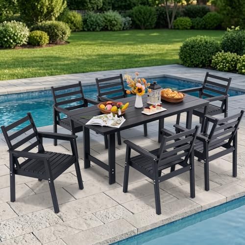 7-Piece Outdoor Dining Set, All-Weather HDPE Patio Furniture, 66.5" Slatted Table with 1.6" Umbrella Hole & 6 Ergonomic Armchairs, Heavy Duty 350lbs Capacity, UV Resistant, Black by Unknown