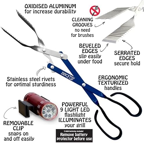 BBQ Croc 3 in 1 Barbecue Tool 18-inch - Extra Light and Long Tongs, Spatula and Grill Scraper (Blue) (18 inch with Flashlight) - Image 3