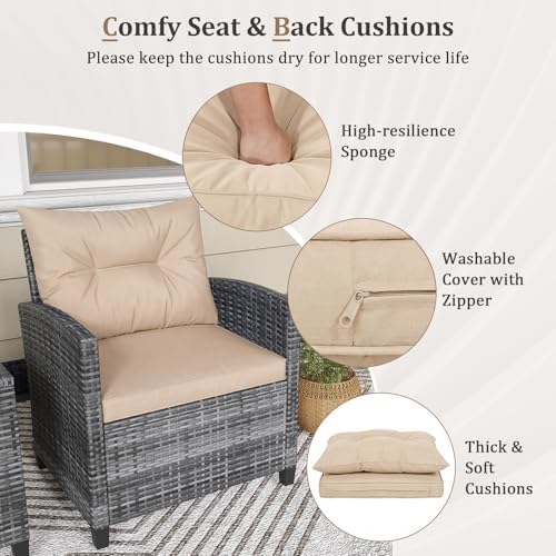 RELAX4LIFE 3 Piece Patio Furniture Set, Wicker Bistro Conversation Set w/2 Cushioned Armchairs & Glass Topped Table, Outdoor Rattan Sofa Set Patio Furniture for Porch Balcony Poolside (Grey-Beige) - Image 5
