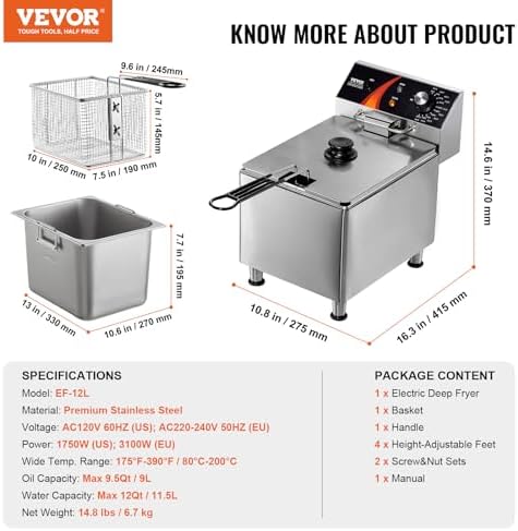 VEVOR Commercial Deep Fryer, 1750W Electric Countertop Fryer with Basket & Height-Adjustable Feet, 12Qt / 11.5L Stainless Steel Single Oil Fryer, Temp Control, Overheat Protection, for Restaurant Use - Image 7