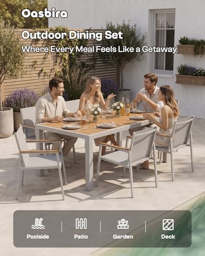 Outdoor Dining Chairs Set of 2, Aluminum Patio Armchairs, All Weather Patio Dining Furniture for Backyard, Deck, Poolside (White-Teak) - Image 5