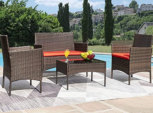 Greesum Patio Furniture 4 Pieces Conversation Sets,Brown and Red - Image 3