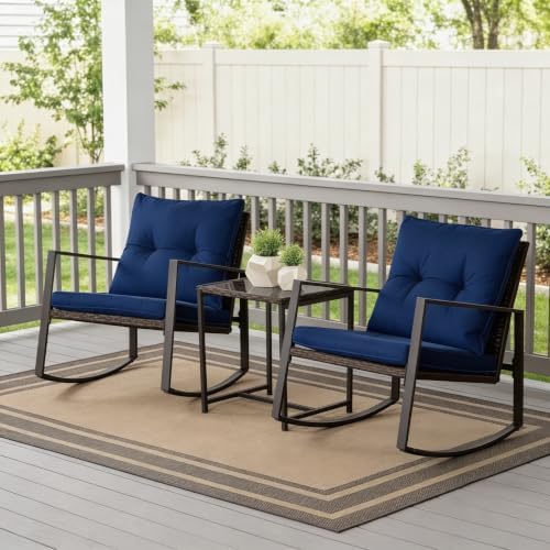 SUNCROWN 3 Piece Outdoor Rocking Bistro Set Brown Wicker Furniture Porch Chairs Conversation Sets with Glass Coffee Table, Dark Blue - Image 4