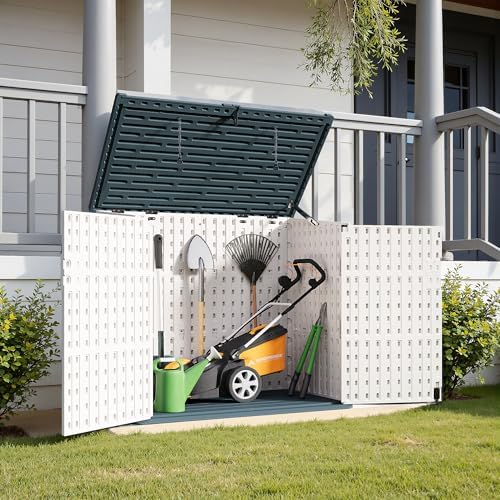 Greesum Outdoor Trash Can Storage Shed, 34 Cu.ft Horizontal Outdoor Storage Cabinet, Waterproof for Garden, Pool Storage, Garbage Cans, Beige - Image 3