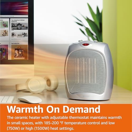 Amazon Basics Ceramic Space Heater, Portable Indoor Heating Solution, With Overheat and Tip-Over Protection, Thermostat, Non-Oscillating, 1500W, Fast Heating, 7.52"D x 6.34"W x 9.45"H, Silver - Image 6