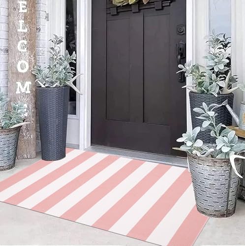 Pink and White Outdoor Rug 2'x4.3'，Striped Washable Front Porch Rug - Image 7
